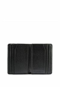 Czarny skórzany portfel z fakturowanym wykończeniem, licznymi miejscami na karty oraz dwuczęściowym projektem ułatwiającym organizację. Widoczny detal z wytłoczonym logo marki.
