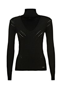 Pull noir à manches longues pour femmes avec col roulé, découpe en V et petites perforations décoratives à l'avant et aux épaules.