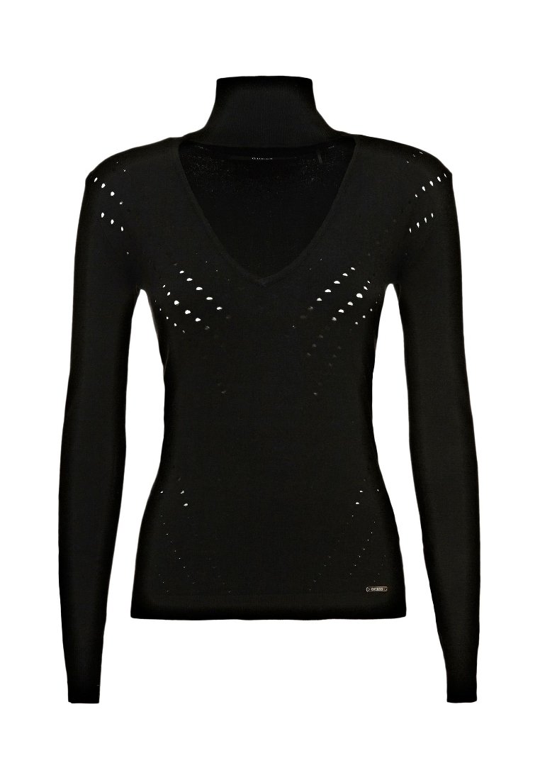 Pull noir à manches longues pour femmes avec col roulé, découpe en V et petites perforations décoratives à l'avant et aux épaules.