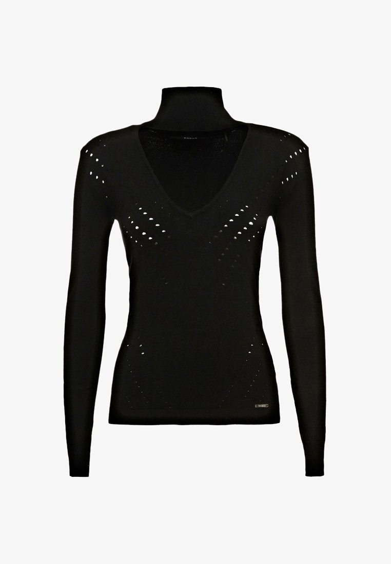 Pull noir à manches longues pour femmes avec col roulé, découpe en V et petites perforations décoratives à l'avant et aux épaules.