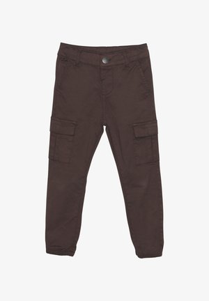 Braune Cargo-Hosen aus Baumwolle mit regulärer Passform, ausgestattet mit zwei Seitentaschen, zwei Cargo-Taschen sowie einem Reißverschluss- und Knopfverschluss.