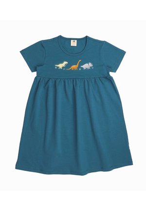 Türkisfarbenes Baumwollkleid mit kurzen Ärmeln, gerafftem Bund und Dinosaurier-Stickerei in Gelb, Orange und Grau. Weiche Textur und lässige Passform.