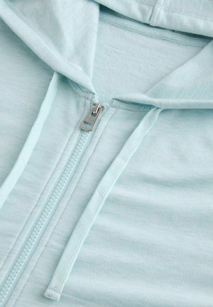 Light blue hoodie with metal zipper partially zipped and matching drawstrings on the hood, showing fabric texture and stitching details.