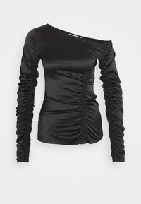 Schwarzes Raffung Langarmshirt mit asymmetrischem Ausschnitt und gerafftem Stoffdetail entlang der Ärmel und des Vorderkörpers.
