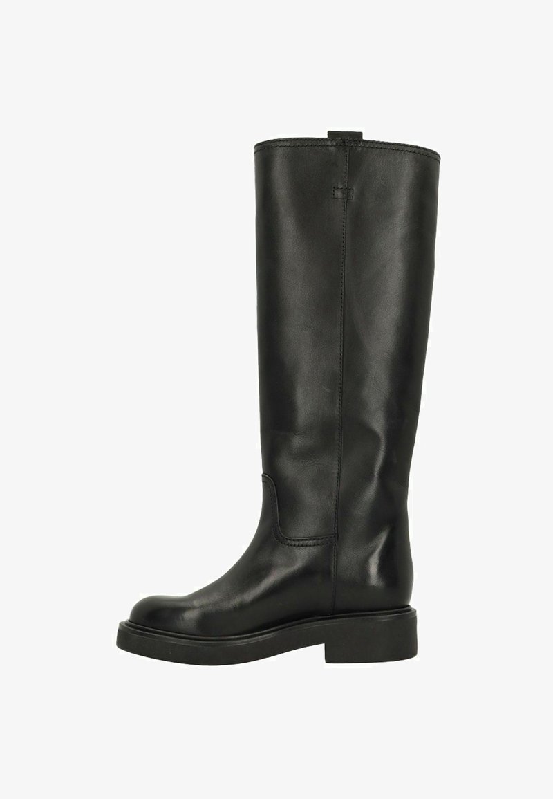 Black knee-high leather boot with a rounded toe, flat sole, and minimalistic design. Side stitching detail and rear pull tab.