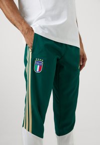 Άνδρας με σκοτεινές πράσινες αθλητικές παντελόνες με κρεμ ρίγες και λογότυπο της ιταλικής ποδοσφαιρικής ομάδας, το χέρι στην τσέπη και λευκό πουκάμισο.