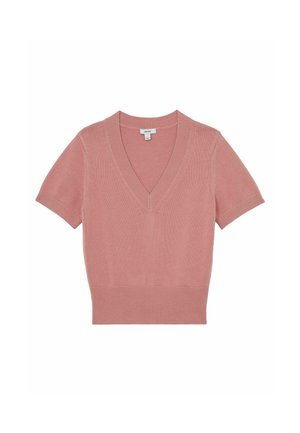 Kurzärmeliger, staubrosa Strickpullover mit V-Ausschnitt sowie geripptem Saum und Bündchen, flach auf weißem Hintergrund liegend.