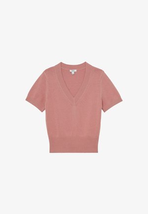 Lyhythihainen pölyinen vaaleanpunainen neulepaita, jossa V-pääntie ja resorireunukset helmassa ja hihoissa, aseteltuna tasaisesti valkoiselle taustalle.