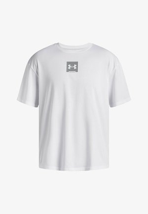 Witte katoenen T-shirt met korte mouwen, met een vierkante grijze logo-print op de voorkant. Klassiek crew neck ontwerp.