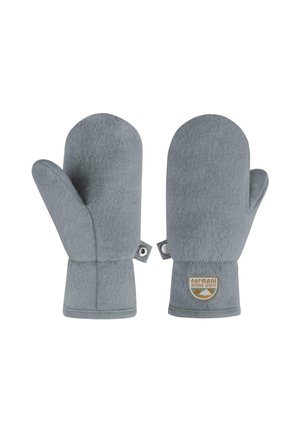 Graue Fleece-Handschuhe mit Daumennähten, Druckknopf-Schlaufen und einem "normani OUTDOOR SPORTS"-Patch im Handgelenkbereich.