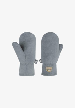 Graue Fleece-Handschuhe mit Daumennähten, Druckknopf-Schlaufen und einem "normani OUTDOOR SPORTS"-Patch im Handgelenkbereich.