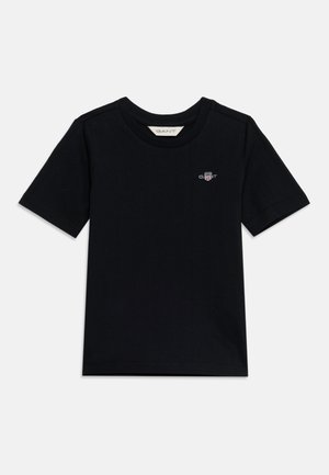 Fekete, rövid ujjú pamut póló kerek nyakkivágással és kis GANT logóval a bal mellrészen.