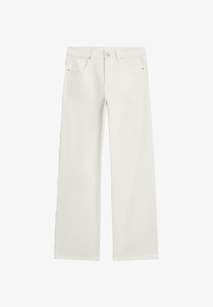 Jeans bianchi a gamba larga con bottone e cerniera frontali, stile a cinque tasche e passanti per cintura.