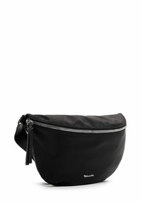 Borsa a tracolla nera in nylon con una forma arrotondata, dettagli in zip argentati e un piccolo logo. Presenta una tracolla staccabile e una finitura testurizzata.