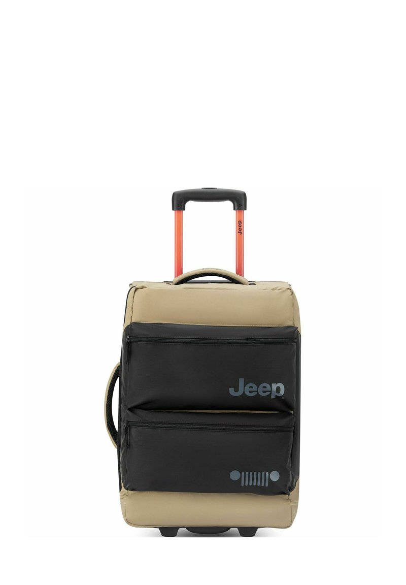 Maleta de tela suave en beige y negro con dos bolsillos frontales con cremallera, un asa retráctil naranja y la marca Jeep en la parte frontal.