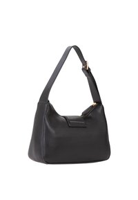 Sac d'épaule en cuir noir à texture lisse, avec une forme incurvée, une sangle réglable unique et des accents de ferrures dorées.