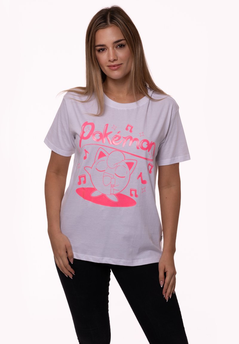White cotton t-shirt featuring a pink Pokémon print with a musical character, round neckline, short sleeves, and relaxed fit.