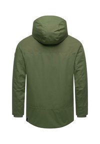 Olivově zelená bunda s kapucí, která má hladkou texturu, dlouhé rukávy a zakřivený lem. Minimalistický design bez viditelného kování nebo ozdob.