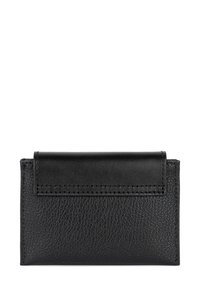 Black leather cardholder with a textured surface and smooth flap closure. Features stitched detailing for added durability. Compact rectangular shape.