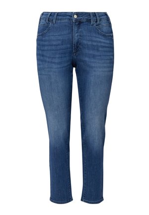 Blaue Damenjeans mit geradem Bein, hoch geschnitten, mit vorderen Taschen, Gürtelschlaufen und leichter Verwaschung an Oberschenkeln und Knien.