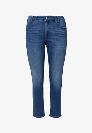 Blauwe rechte damesjeans met hoge taille, voorzakken, lussen voor een riem, en lichte vervaging op de dijen en knieën.