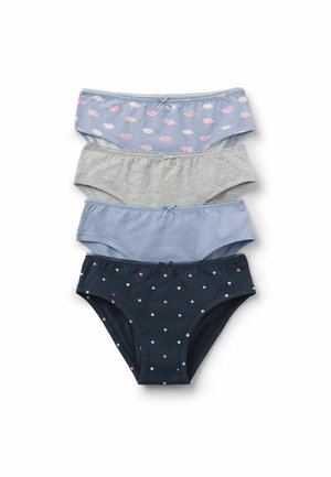Vier Baumwollslips für Mädchen in Blau mit Wolkenprint, einfarbig Grau, einfarbig Hellblau und Dunkelblau mit kleinen Herzmustern, vertikal gestapelt.