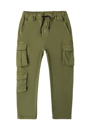 Olivgrüne Cargo-Hose mit elastischem Bund, Kordelzug und mehreren Seitentaschen. Leichter Stoff mit glatter Textur.