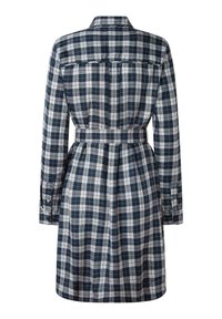 Vestito camicia a quadri navy con colletto, maniche lunghe e vita con cintura. Presenta quadretti bianchi e borgogna, realizzato in tessuto leggero.