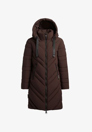 Garš brūns pildīts ziemas mētelis ar kapuci, priekšējais rāvējslēdzējs, rāvējslēdzēja sānu kabatas un melnas auklas ar zīmola nosaukuma detaļām.