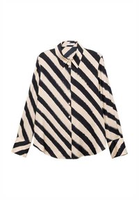 Chemise à manches longues avec base beige et larges rayures diagonales noires, col pointu et larges poignets.