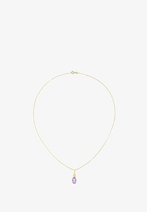 Auksinė grandinėlė su plonu, lygia dizainu, puošta viena violetine brangakmenio pakabuko laša, saugiai pritvirtinta su korpuso tvirtinimu.