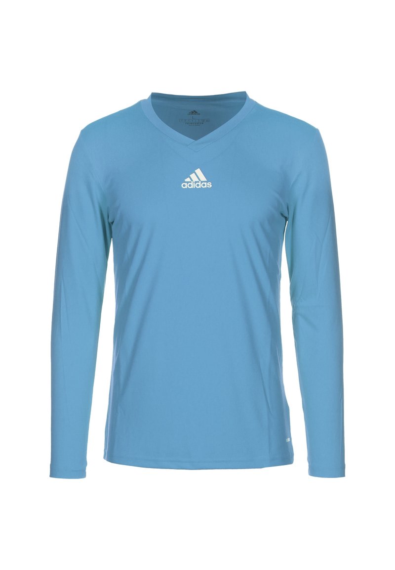 Maglietta a maniche lunghe V-neck Adidas di colore azzurro chiaro con logo bianco centrato sul petto, esposta su sfondo bianco.