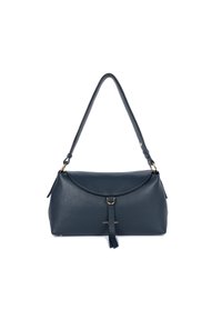 Borsa a spalla in pelle blu navy con design arrotondato, dotata di chiusura a patta e hardware color oro. Accentuata da un dettaglio con nappina appesa.