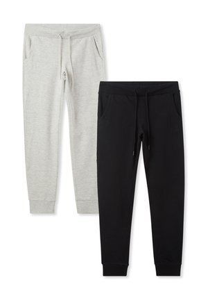 Dwie pary spodni dresowych: jedna szara, druga czarna. Obie mają elastyczne pasy, sznurkowe ściągacze i boczne kieszenie. Miękka tekstura.