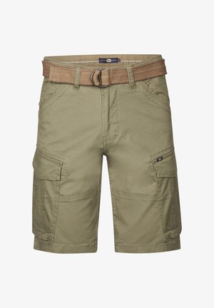 Cargo-Shorts aus olivgrünem Stoff mit einem Gürtel, mehreren Taschen, genähten Details und einem lässigen Schnitt.