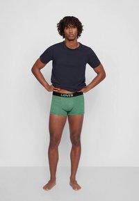 Zaļas kokvilnas bokseršorti ar melnu Levi's jostu, kopā ar tumši zilu īsām piedurknēm T-kreklu, ko valkā vīriešu modelis.