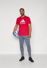 Rød t-shirt med "AJAX AMSTERDAM" grafik og hvide detaljer, parret med grå sweatshirtbukser. Figuren holder en blå og hvid fodbold.