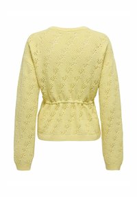 Pull jaune tricoté avec un motif texturé, cintré à la taille, manches larges et encolure ronde. Vue de dos montrant les détails du design.