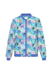 Lekka kurtka bombowca w tropikalny kwiatowy wzór na turkusowym tle, z niebieskim prążkowanym kołnierzem, mankietami i dołem.