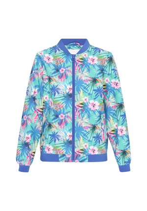 Lagani bombarder jakna s tropskim cvjetnim uzorkom na tirkiznoj pozadini, sa plavim rebrastim ovratnikom, manžetama i rubom.