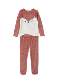 Kinder-Pyjama-Set mit einem weichen, rostfarbenen Oberteil mit Fuchs-Gesicht-Design und crèmefarbenen Akzenten, kombiniert mit Hosen mit Pünktchenmuster.