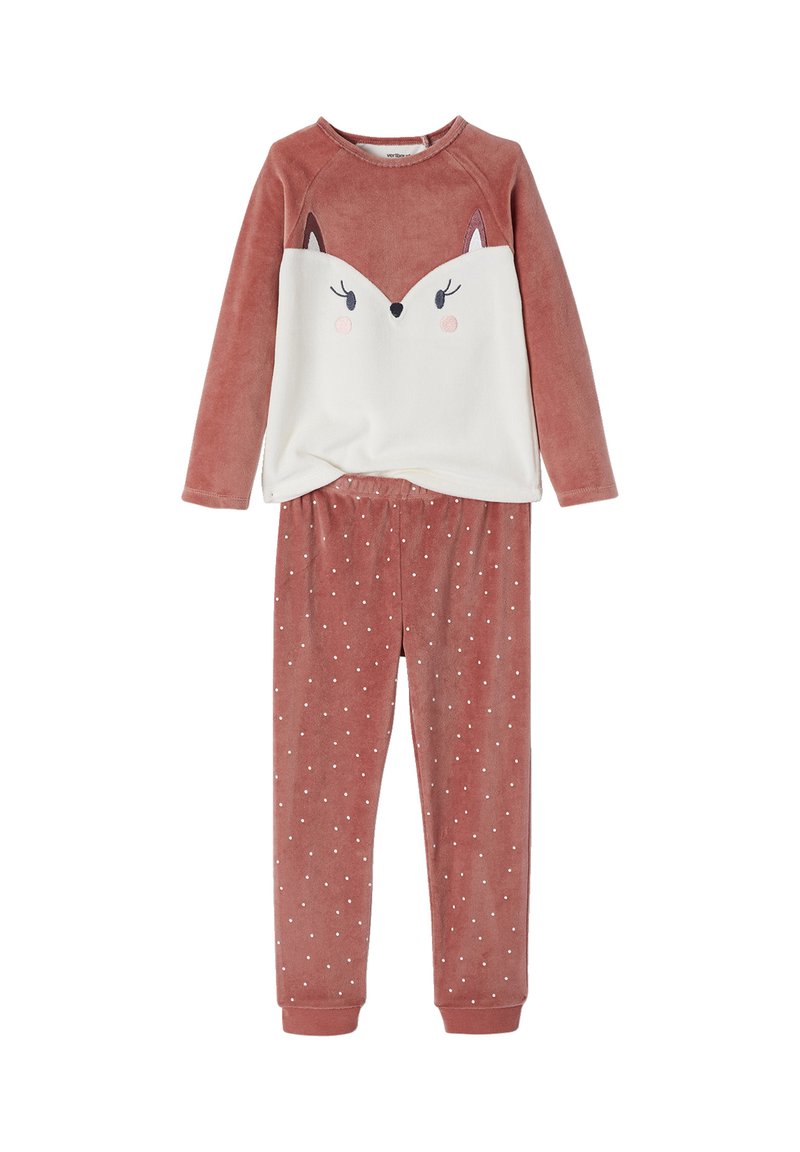 Kinder-Pyjama-Set mit einem weichen, rostfarbenen Oberteil mit Fuchs-Gesicht-Design und crèmefarbenen Akzenten, kombiniert mit Hosen mit Pünktchenmuster.