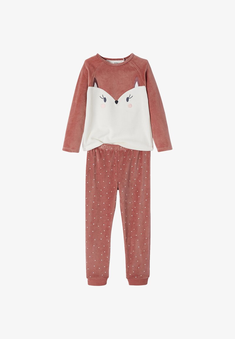 Kinder-Pyjama-Set mit einem weichen, rostfarbenen Oberteil mit Fuchs-Gesicht-Design und crèmefarbenen Akzenten, kombiniert mit Hosen mit Pünktchenmuster.