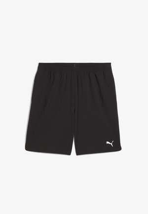 Zwarte sportshorts met een elastische tailleband, zijzakken en een wit Puma-logo aan de onderzijde linkerzijde. Lichtgewicht stof.