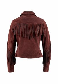 Smeđa jakna od antilopa s ukrasnim resicama na ramenima i rukavima, s ovratnikom i uskim krojem. Teksturirani mekani materijal.