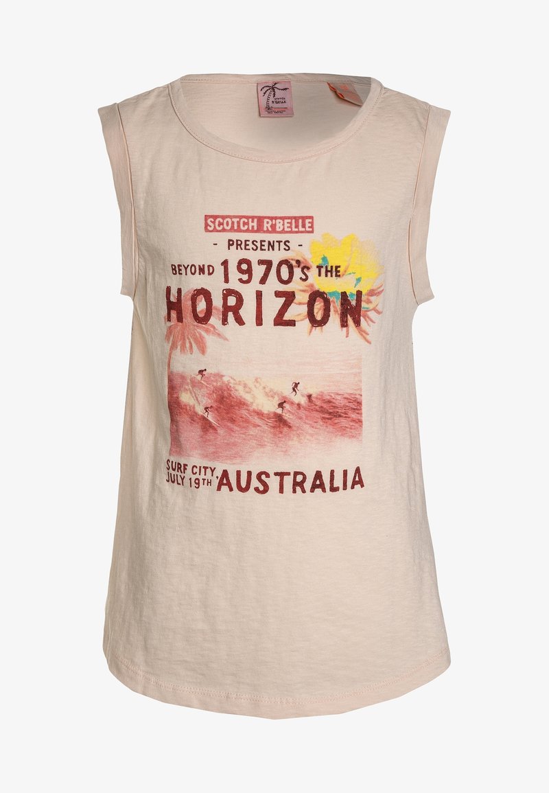 T-shirt sans manches beige avec texte rouge et graphiques de surfeurs, fleurs, et mots incluant "1970's The Horizon" et "Australia."