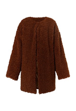 Bruine, donzige buitenkleding met een losse pasvorm. Kenmerken zijn een ronde halslijn, open voorkant en mouwlengte tot halverwege de arm. Zachte textuur met een harige uitstraling.