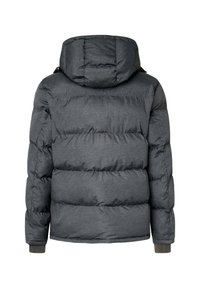 Siva puffer jakna s kapuljačom, s debelim kvadriranim dizajnom i rebrastim manžetama. Materijal ima glatku, mat teksturu.