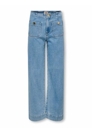 Lyseblå høytlivs vide jeans med to foranlapper med metallknapper og beltehemper.