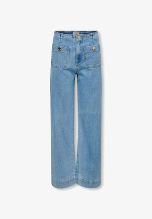 Vaaleansiniset korkeavyötäröiset leveälahkeiset farkut, joissa on kaksi etutaskua metallisilla napinapeitoksilla ja vyölenkit.